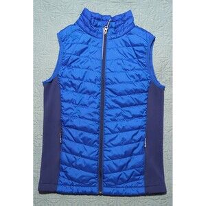 Columbia Boy's Puffer Vest Blue Sz M Mock Collar Zipper Pockets Logo On Back